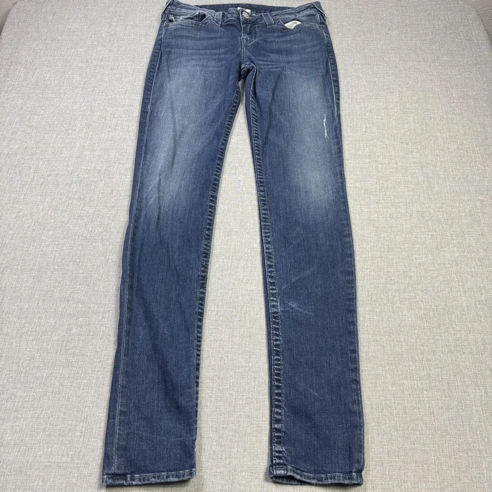 True Religion Jeans Mens 32x34 Skinny Blue Medium Wash Distressed Pockets